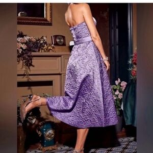 Purple Textured Strapless Midi Dress with Belt